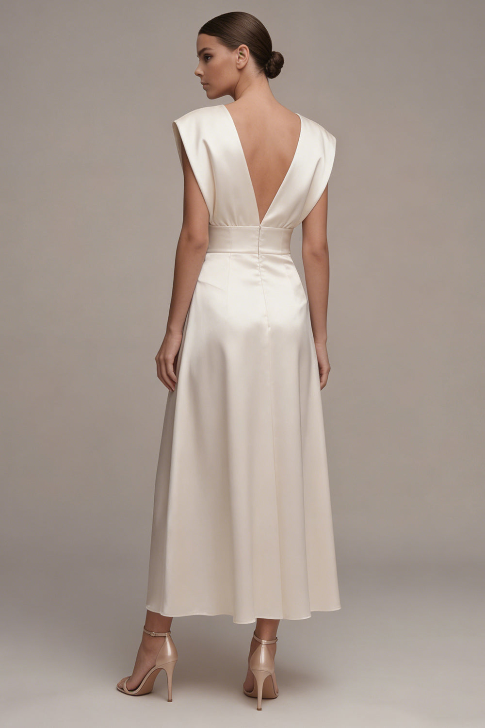 Ivory Satin A Line V Neck Engagement Dress with Cap Sleeves