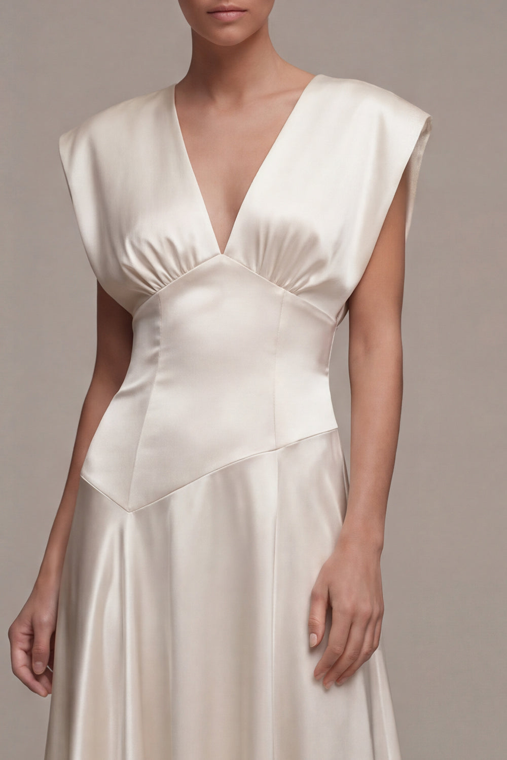 Ivory Satin A Line V Neck Engagement Dress with Cap Sleeves
