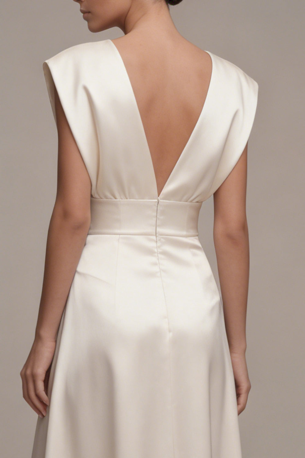 Ivory Satin A Line V Neck Engagement Dress with Cap Sleeves