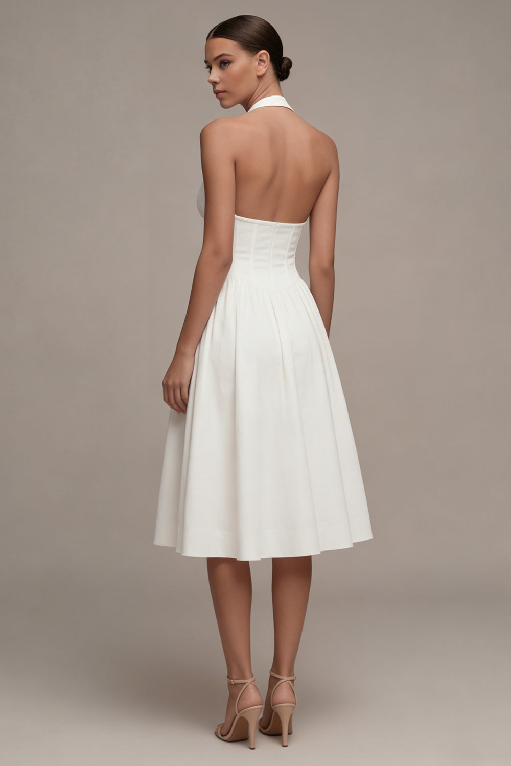 White Halter Cut Out A Line Corset Midi Engagement Dress