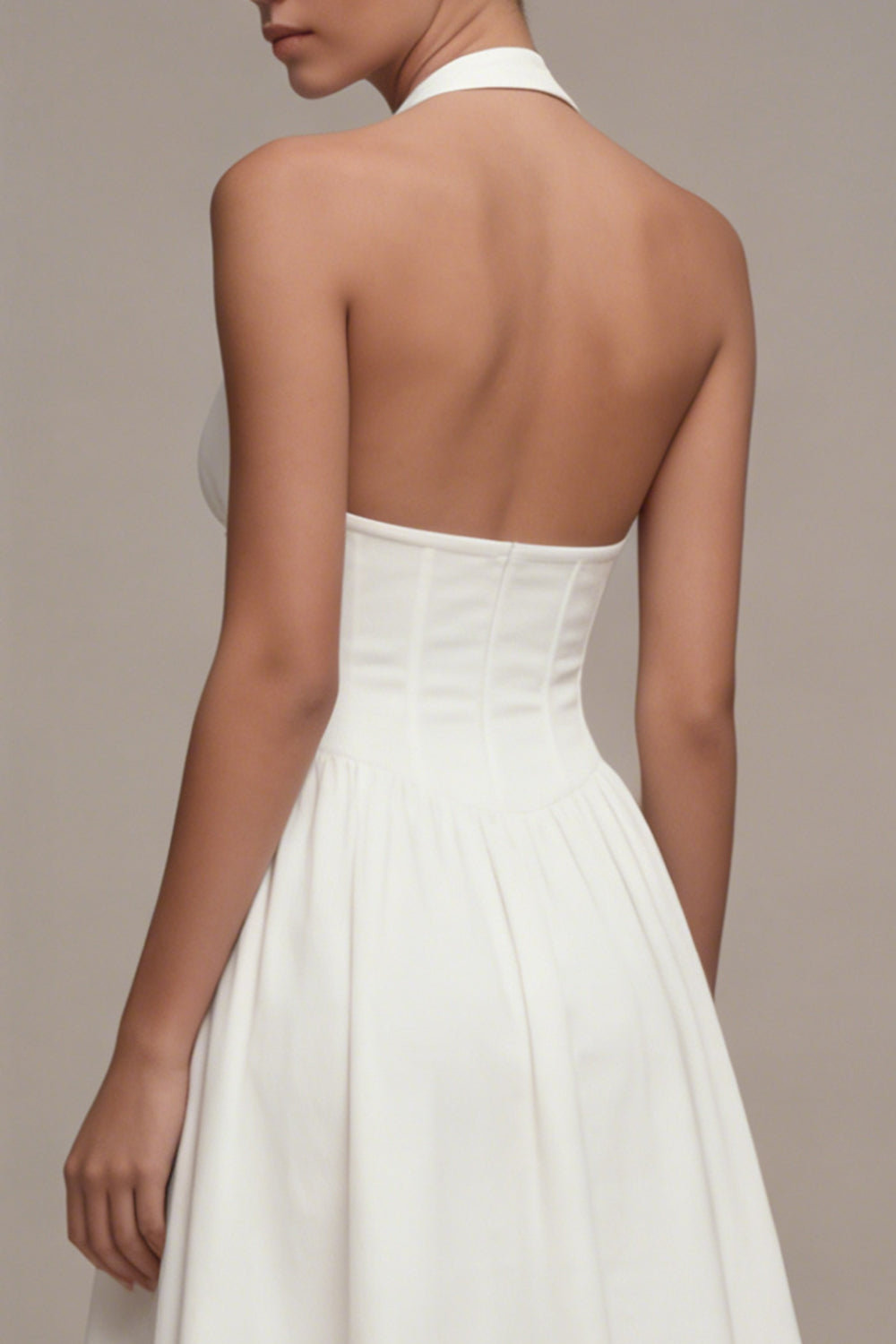 White Halter Cut Out A Line Corset Midi Engagement Dress