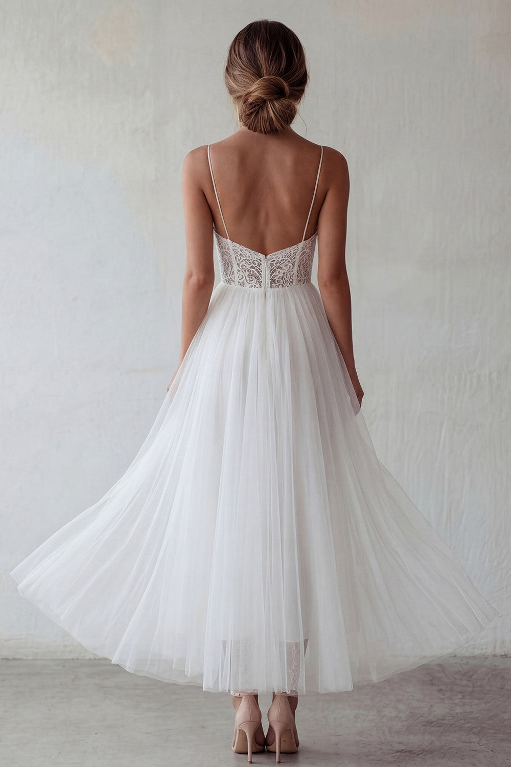 White Lace A Line Tulle Engagement Dress