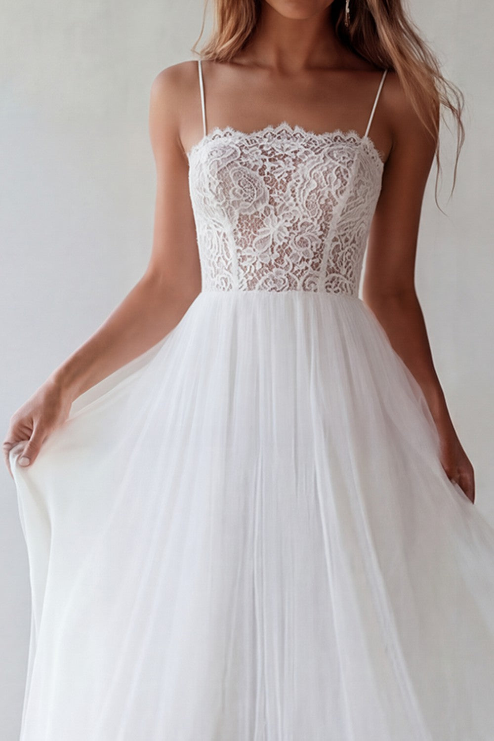 White Lace A Line Tulle Engagement Dress