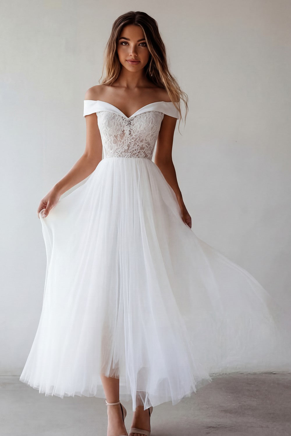 Off the Shoulder White Lace A Line Tulle Engagement Dress