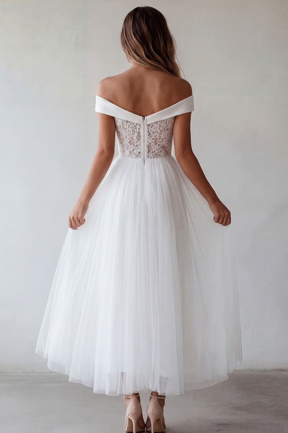 Off the Shoulder White Lace A Line Tulle Engagement Dress