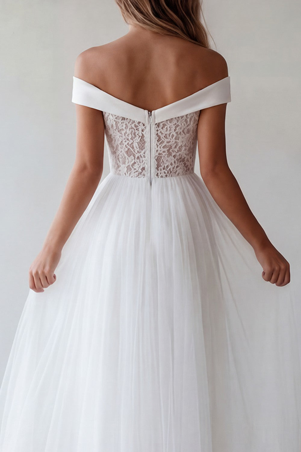 Off the Shoulder White Lace A Line Tulle Engagement Dress