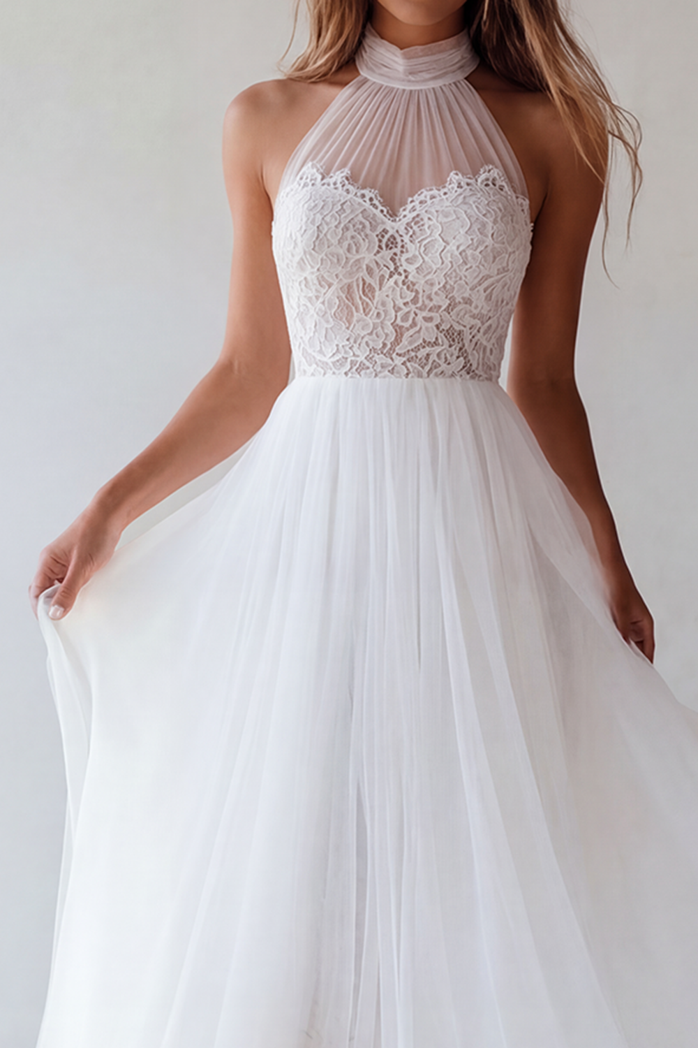 Halter A Line White Tulle Lace Engagement Dress
