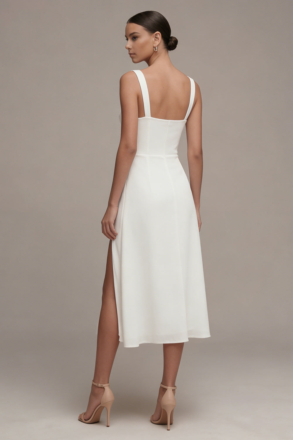 Ivory Satin A Line Midi Engagement Dress with Slit