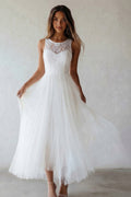 Round Neck A Line White Tulle Lace Engagement Dress