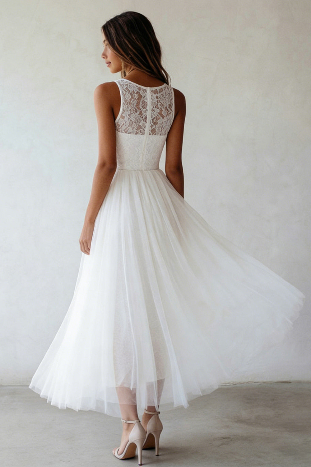 Round Neck A Line White Tulle Lace Engagement Dress