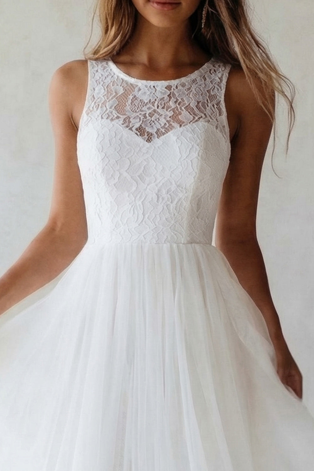 Round Neck A Line White Tulle Lace Engagement Dress