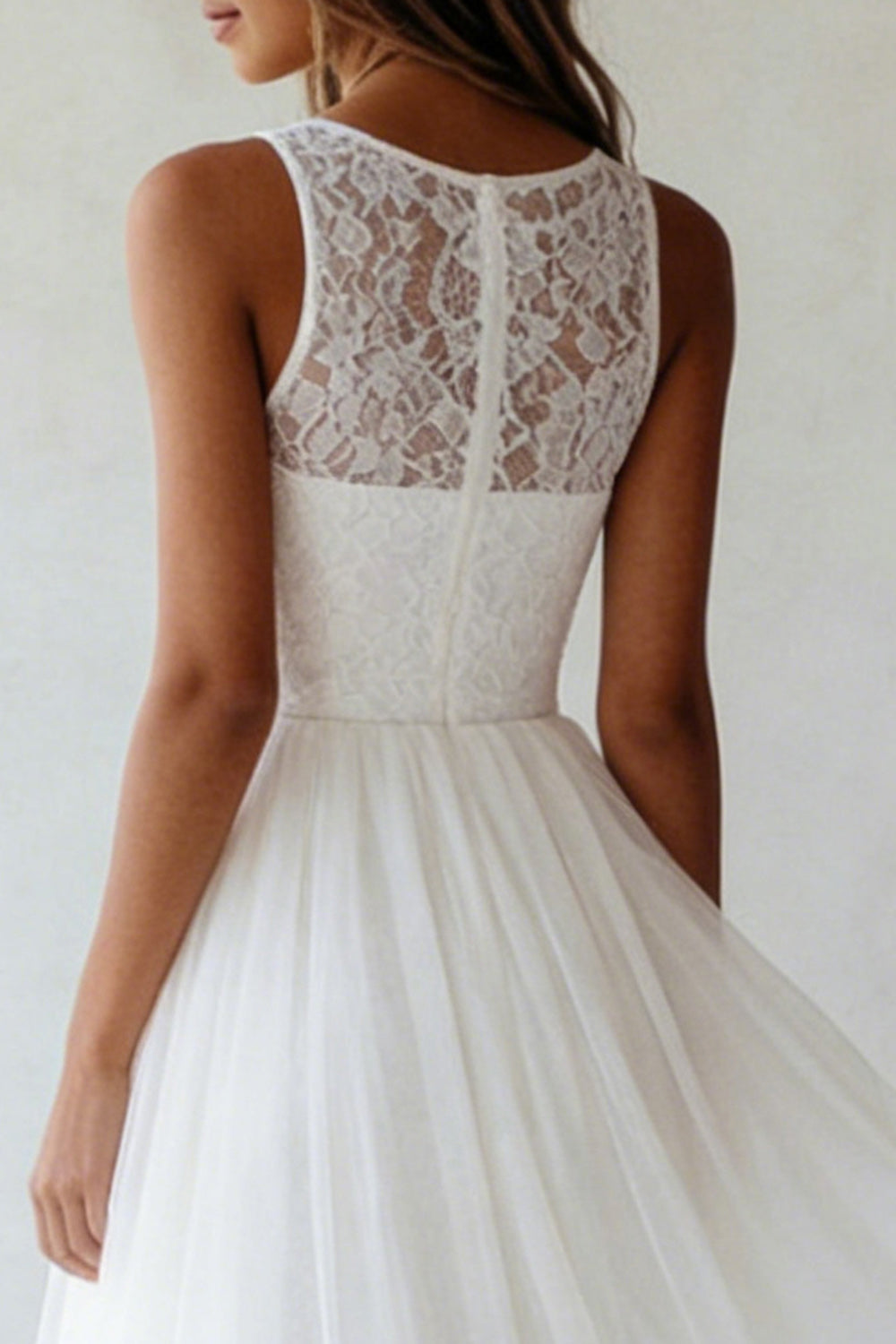 Round Neck A Line White Tulle Lace Engagement Dress
