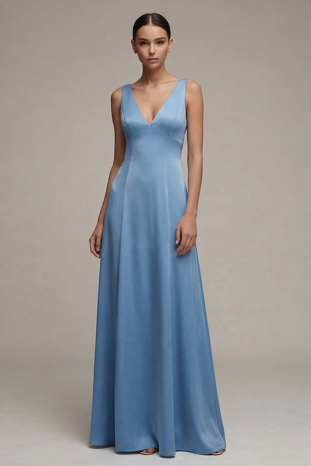 White Satin A Line V Neck Maxi Bridal Dress