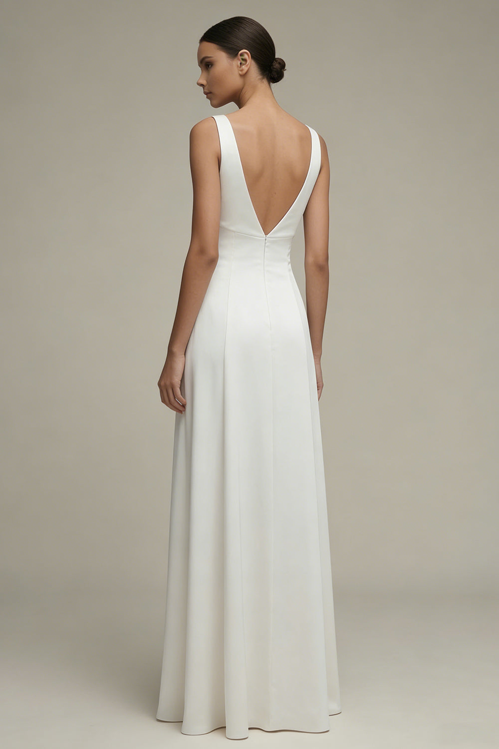 White Satin A Line V Neck Maxi Bridal Dress