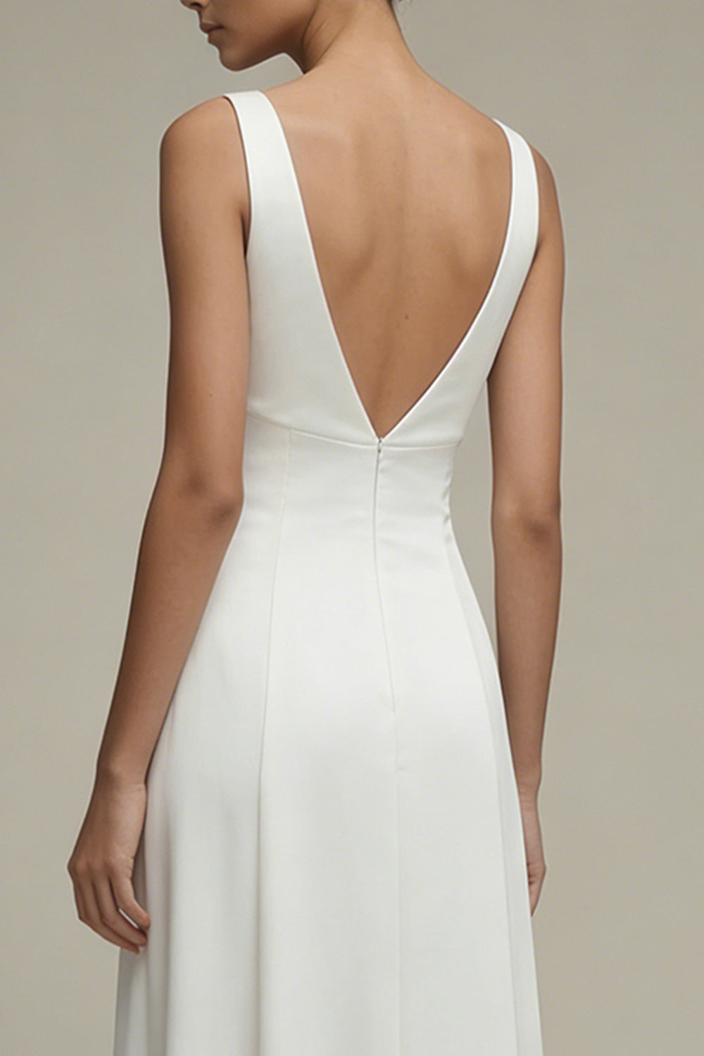 White Satin A Line V Neck Maxi Bridal Dress