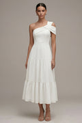 One Shoulder A Line Ruffled White Midi Engagement Dress