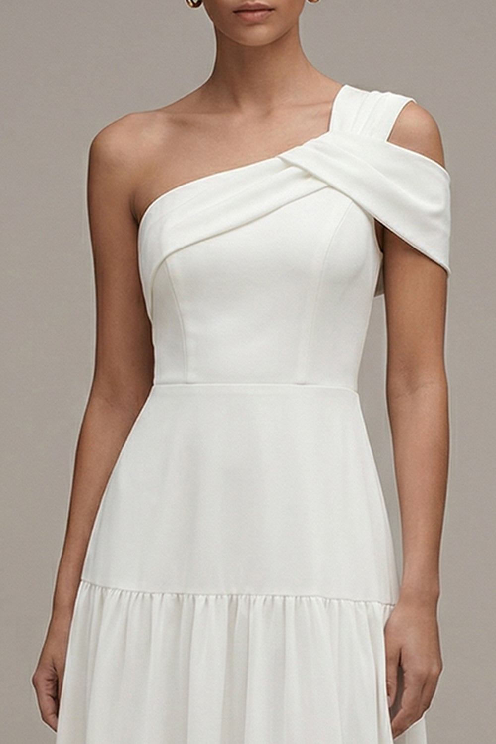 One Shoulder A Line Ruffled White Midi Engagement Dress