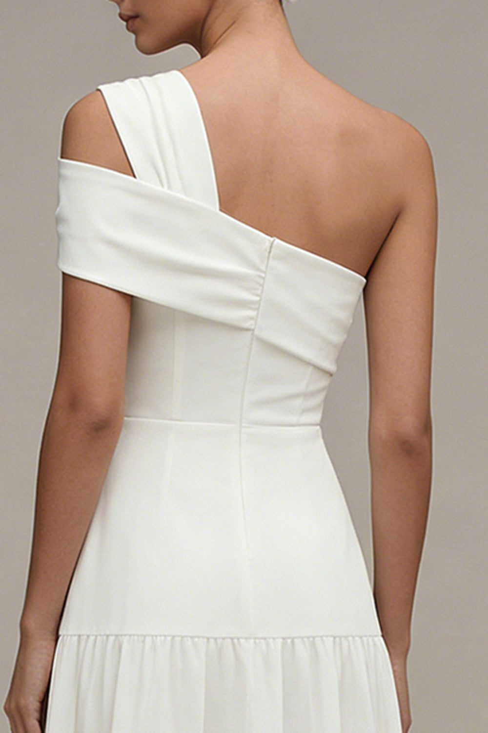 One Shoulder A Line Ruffled White Midi Engagement Dress