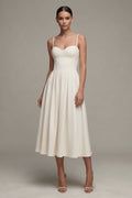 A Line White Pleated Midi Engagement Dress