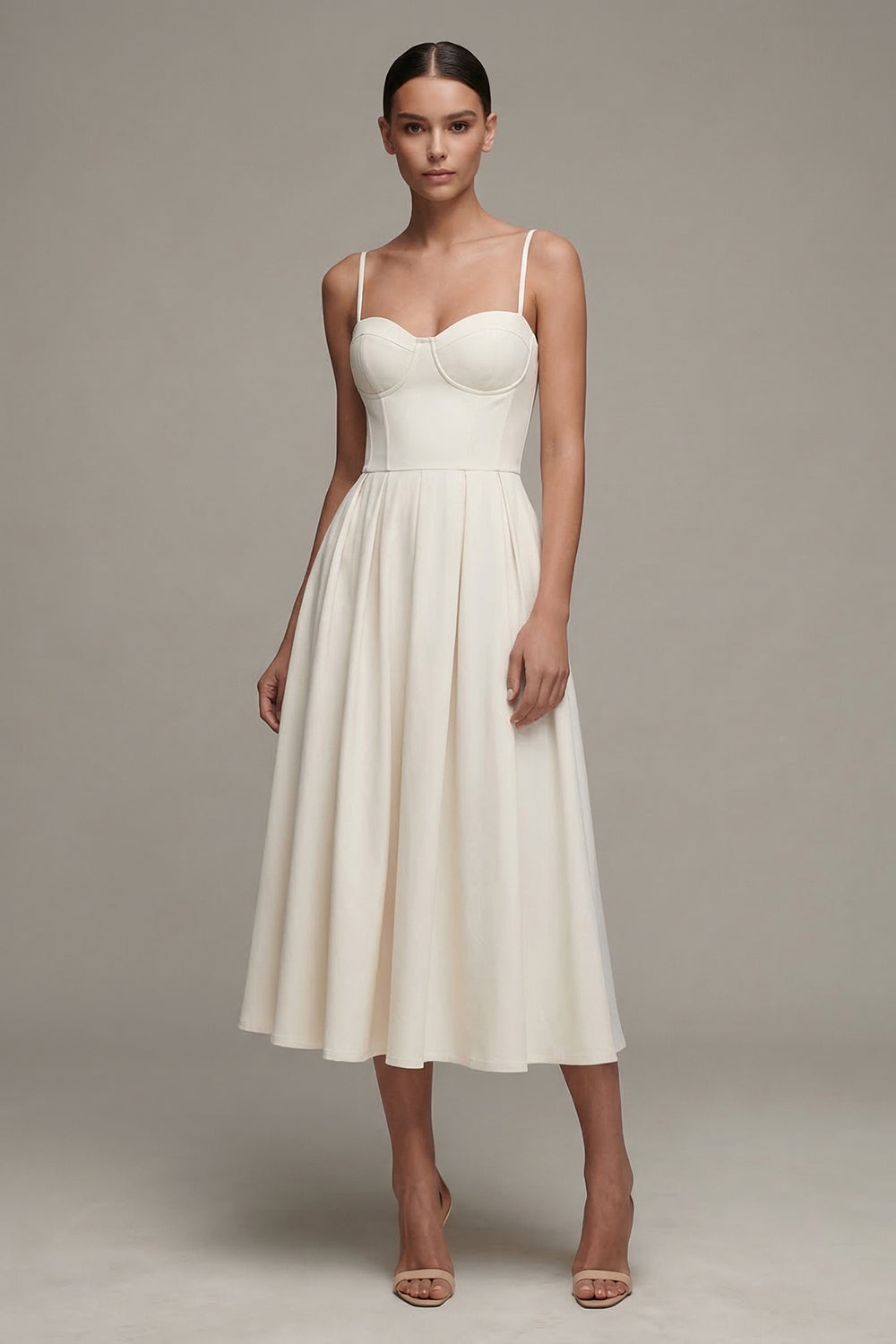 A Line White Pleated Midi Engagement Dress