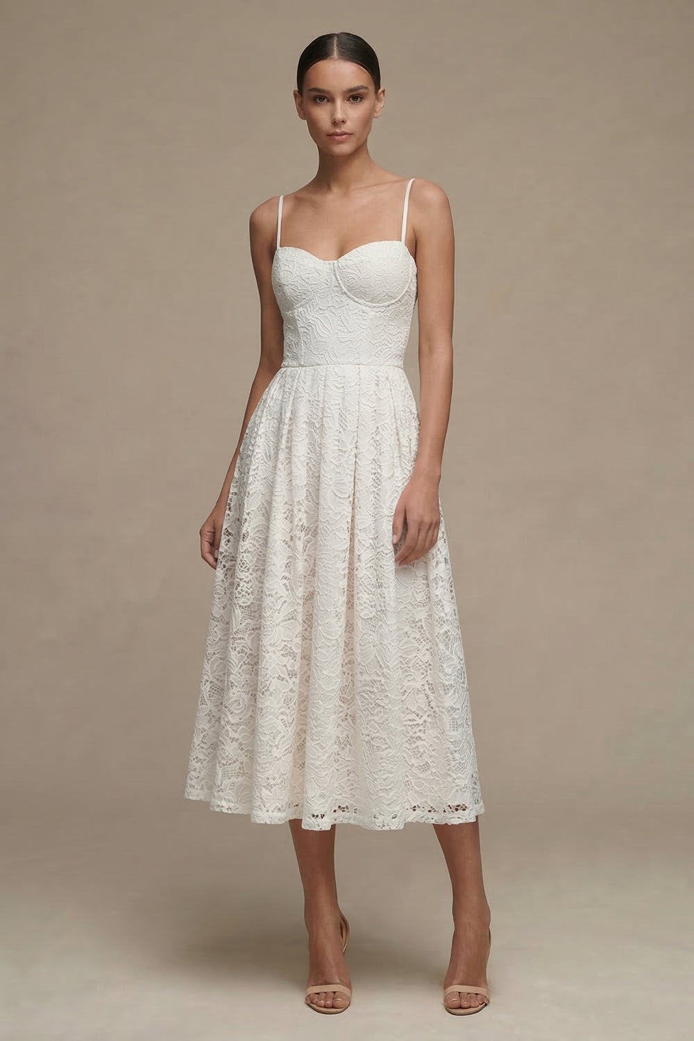 White Lace A Line Pleated Midi Engagement Dress