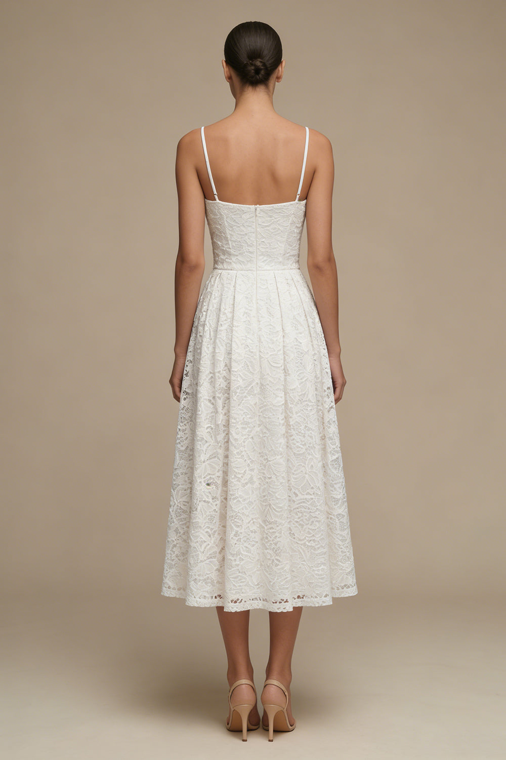 White Lace A Line Pleated Midi Engagement Dress