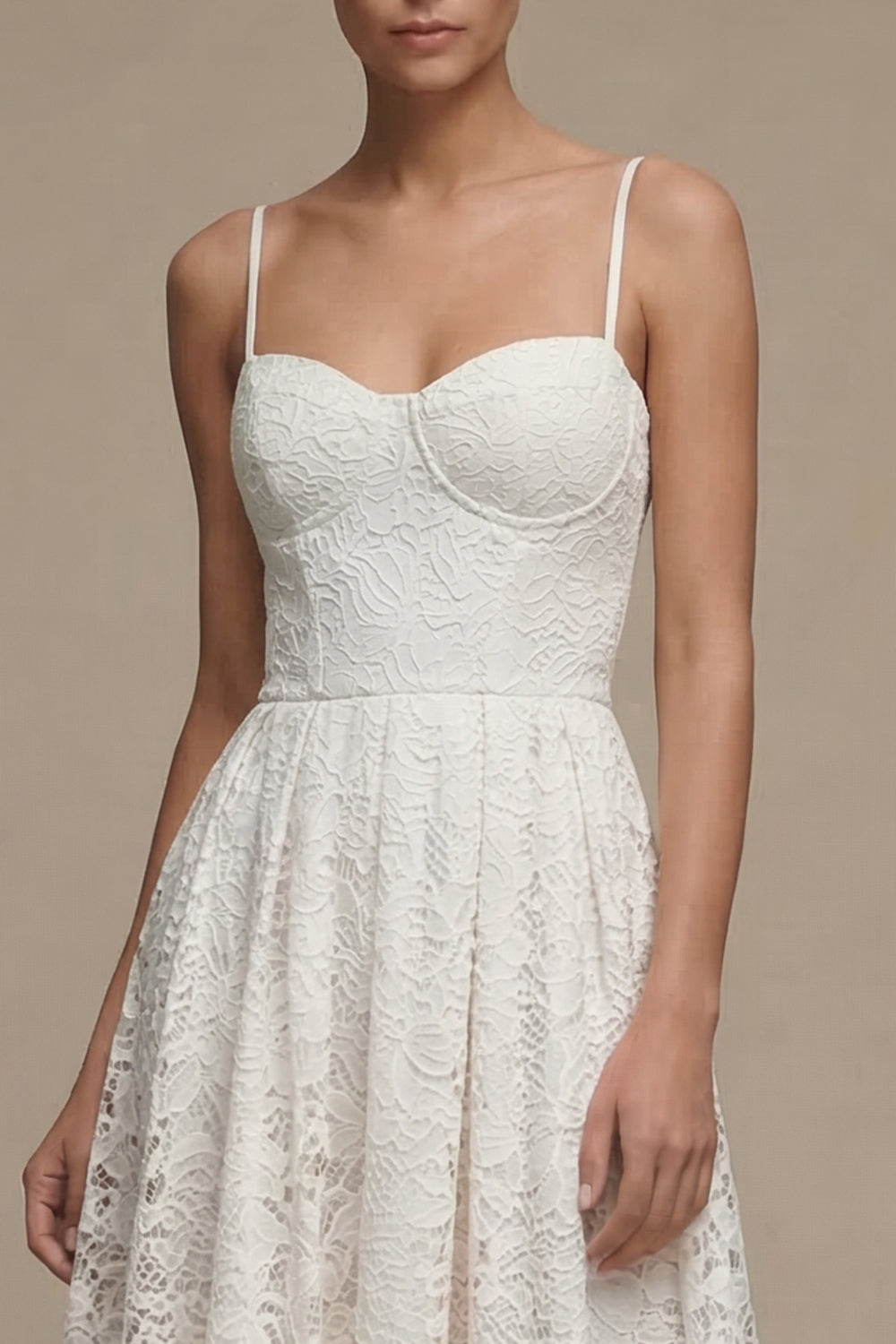 White Lace A Line Pleated Midi Engagement Dress