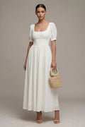 White A Line Maxi Engagement Dress with Short Sleeves