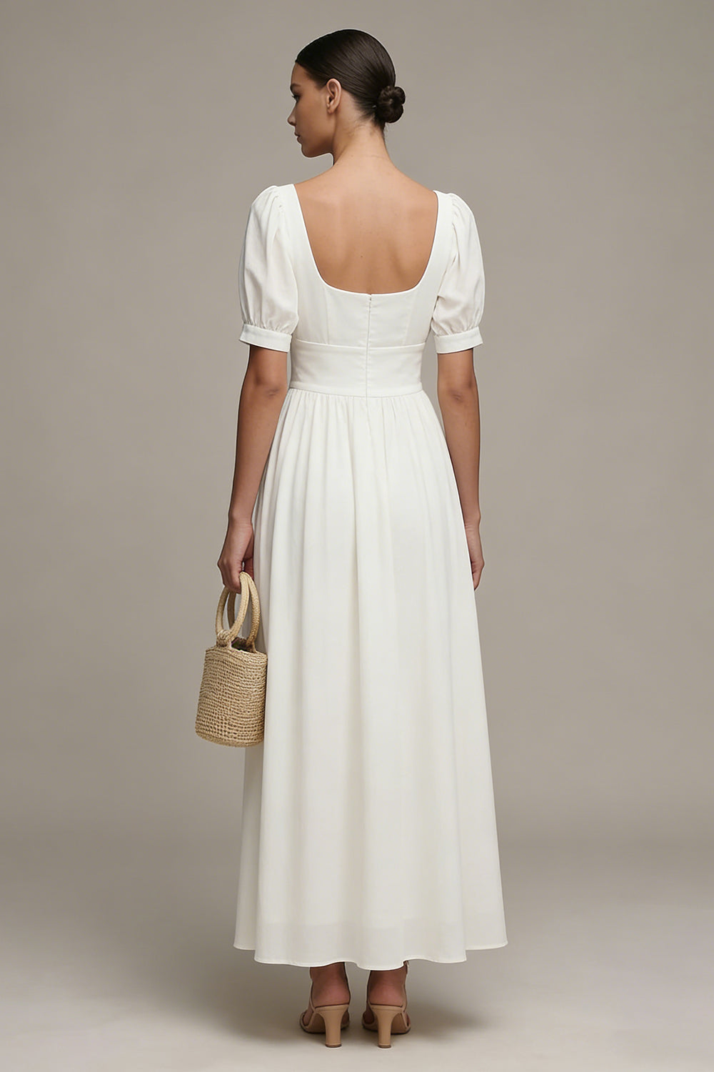 White A Line Maxi Engagement Dress with Short Sleeves