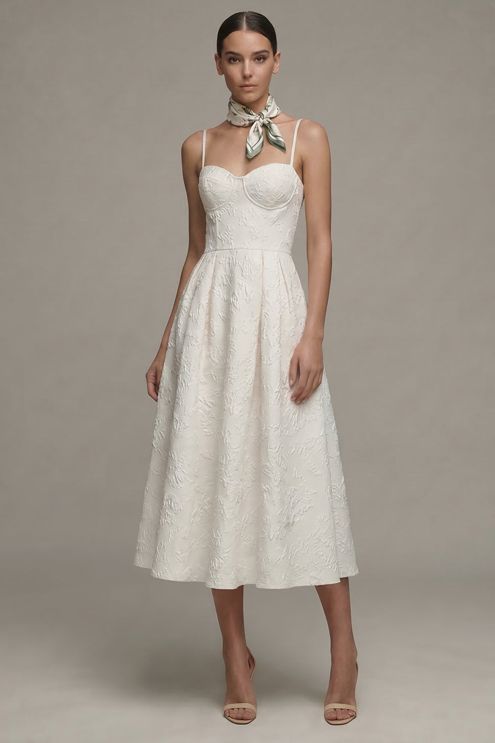 Jacquard Ivory A Line Midi Engagement Dress