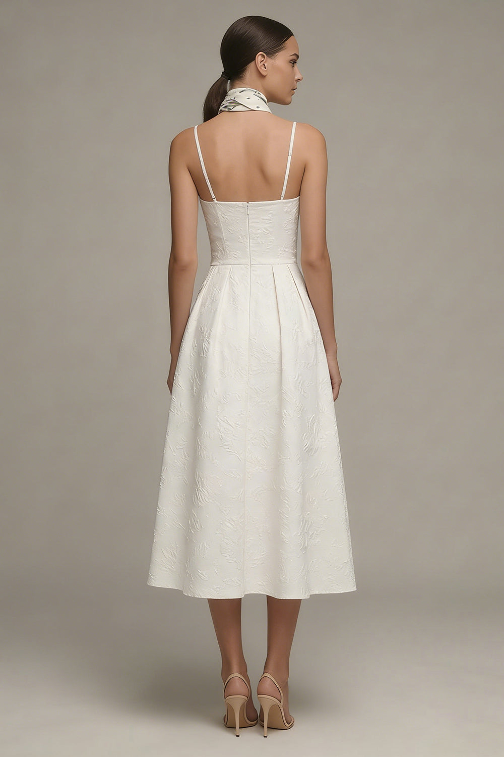 Jacquard Ivory A Line Midi Engagement Dress