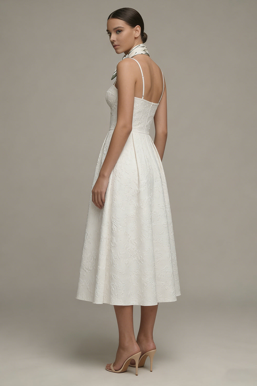 Jacquard Ivory A Line Midi Engagement Dress