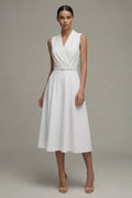 White Shawl Lapel A Line Midi Work Dress with Belt
