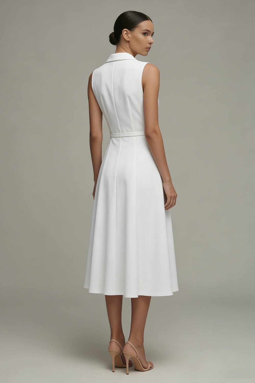 White Shawl Lapel A Line Midi Work Dress with Belt