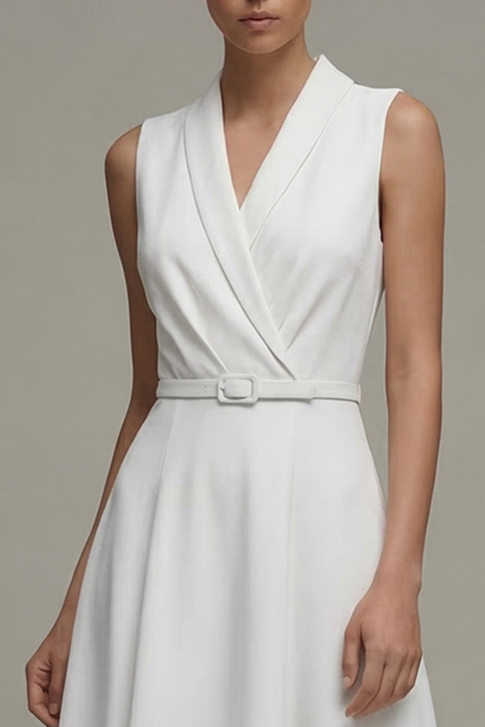 White Shawl Lapel A Line Midi Work Dress with Belt