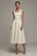 Ivory Satin A Line Midi Engagement Dress with Belt