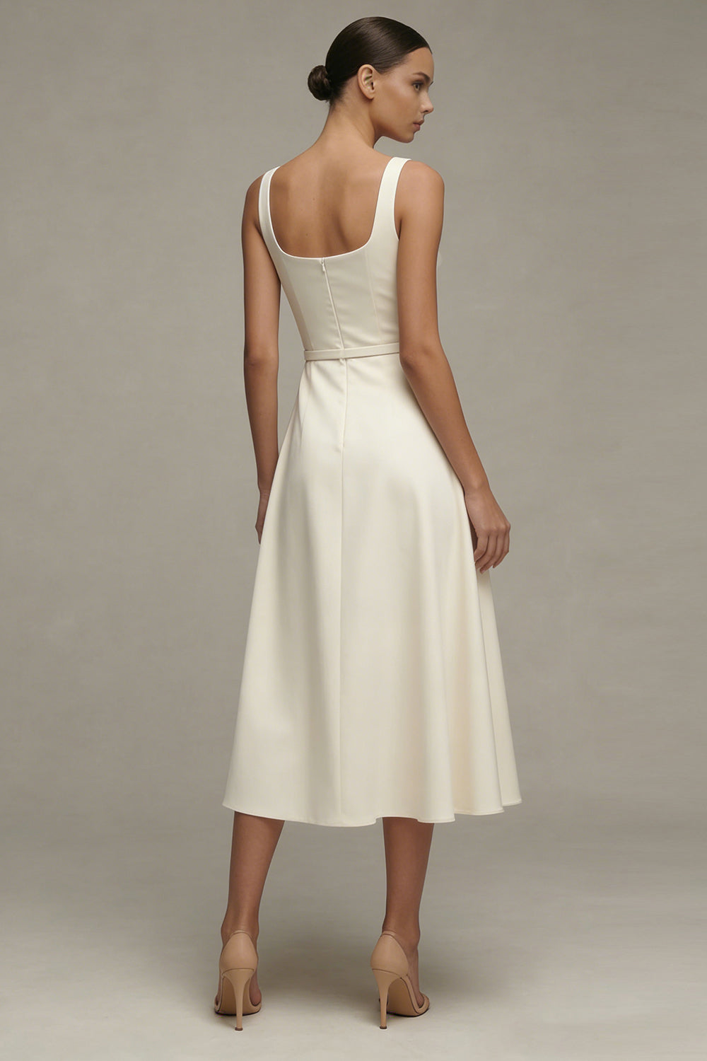 Ivory Satin A Line Midi Engagement Dress with Belt