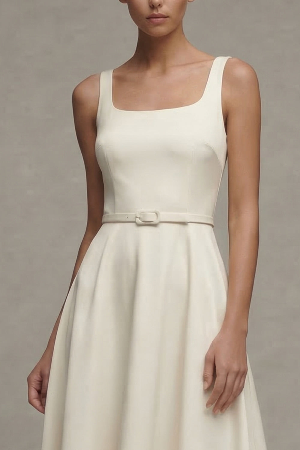 Ivory Satin A Line Midi Engagement Dress with Belt