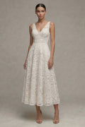 Jacquard Ivory A Line V Neck Midi Engagement Dress