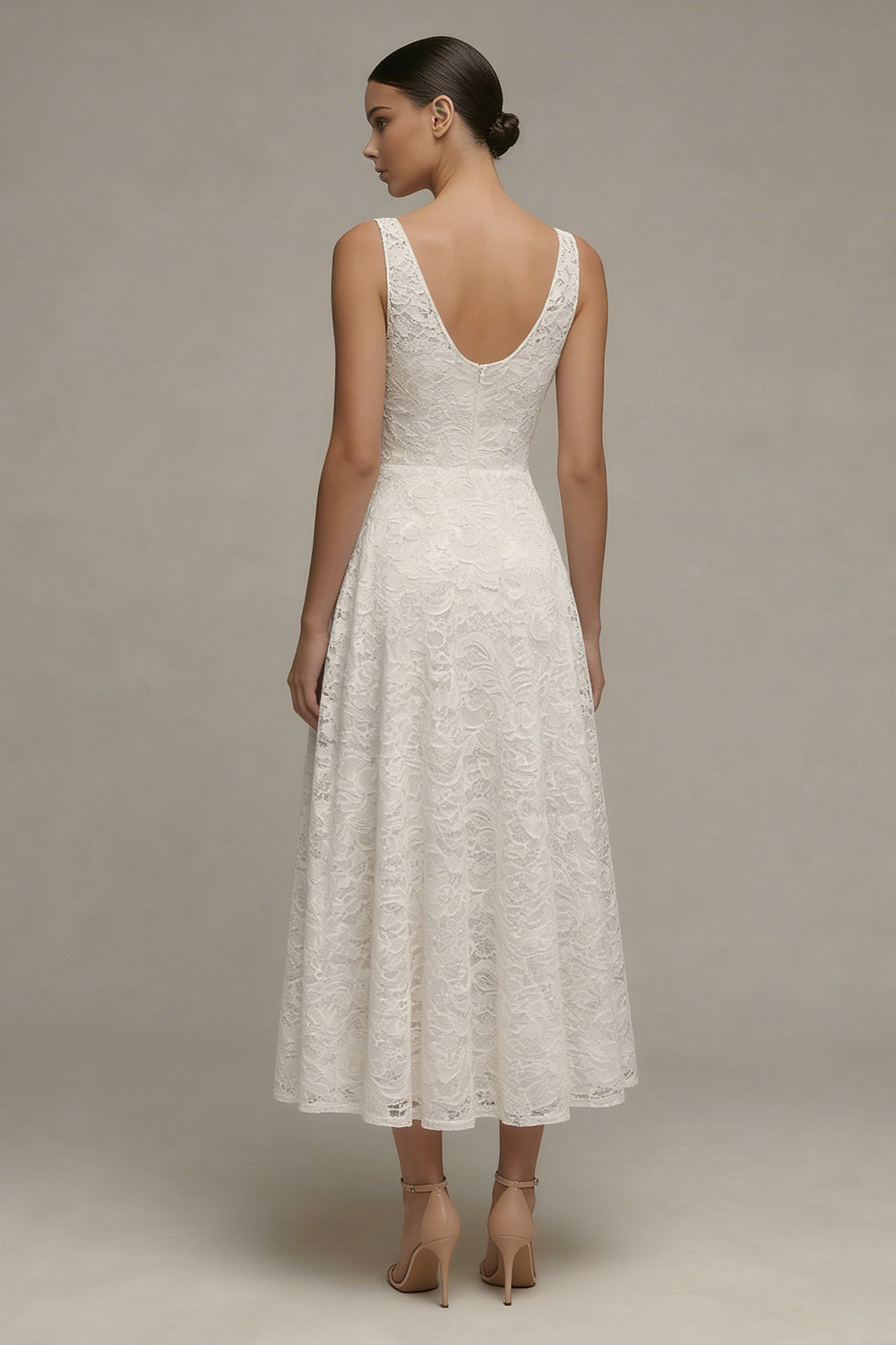 Jacquard Ivory A Line V Neck Midi Engagement Dress