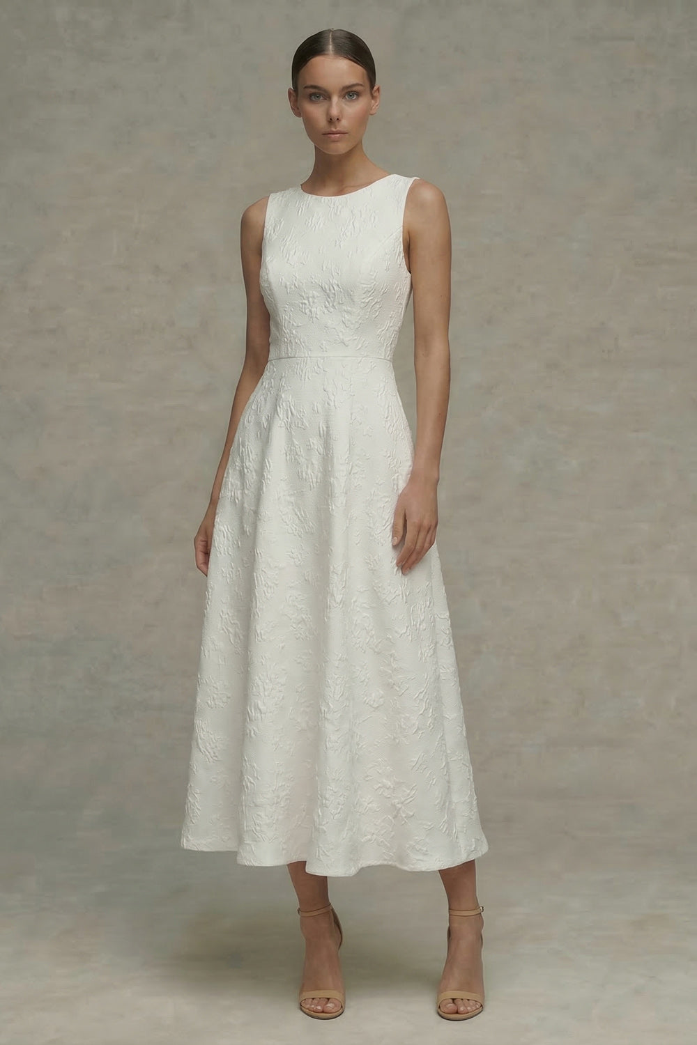 Jacquard White A Line Round Neck Engagement Dress