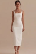 Satin White Bodycon Midi Engagement Dress with Slit