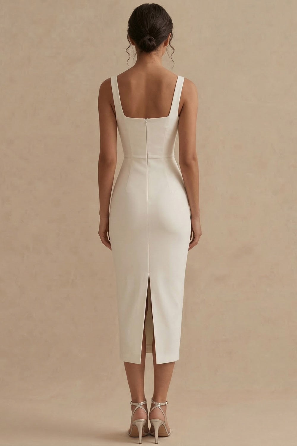 Satin White Bodycon Midi Engagement Dress with Slit