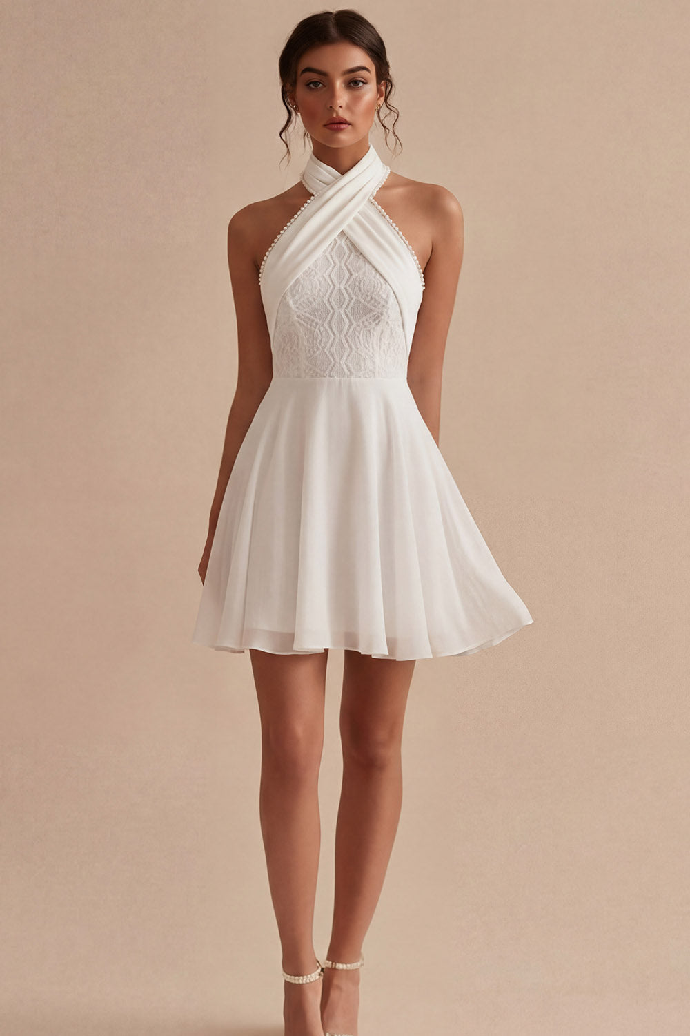 Halter A Line White Mini Bridal Shower Dress with Pearls
