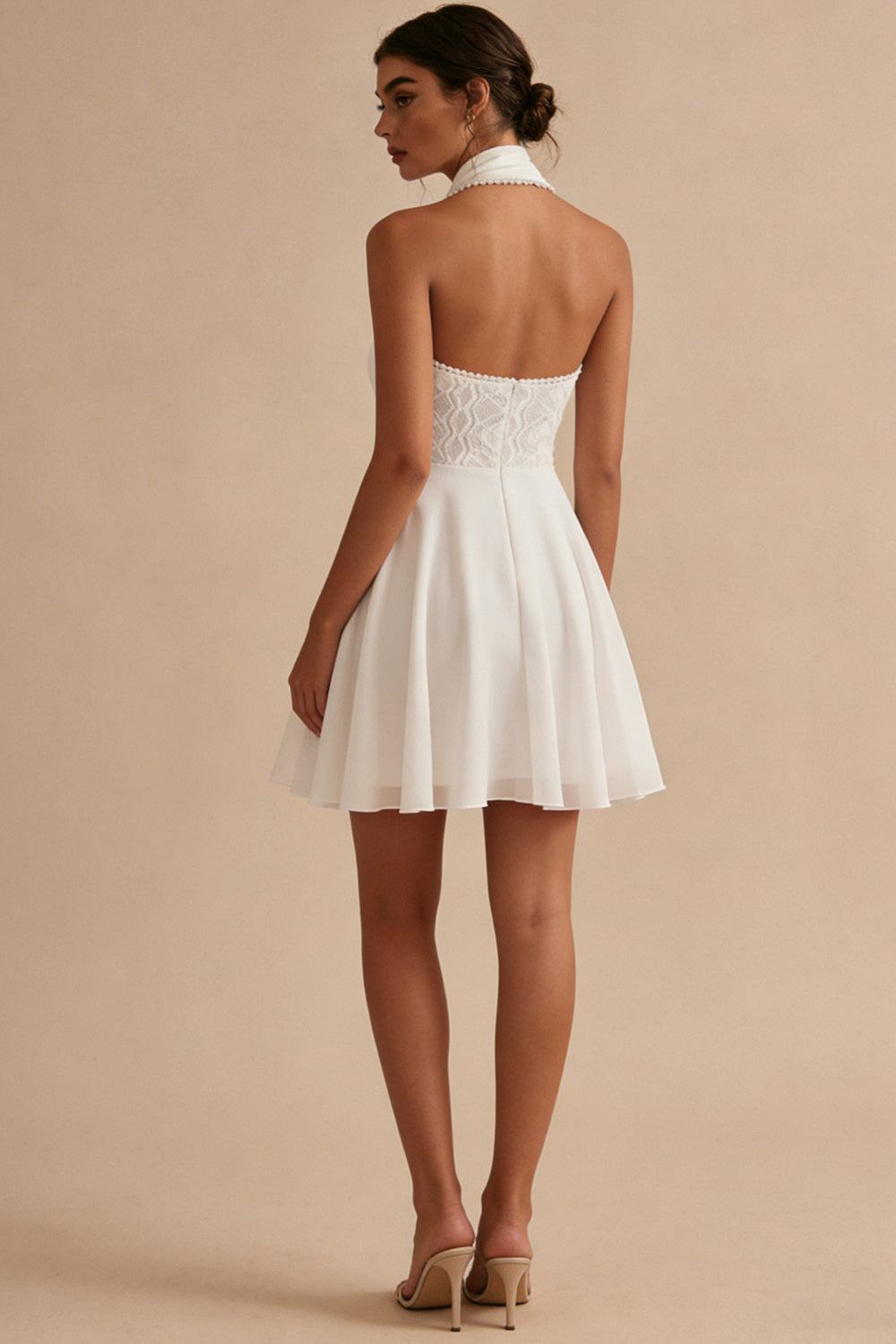 Halter A Line White Mini Bridal Shower Dress with Pearls