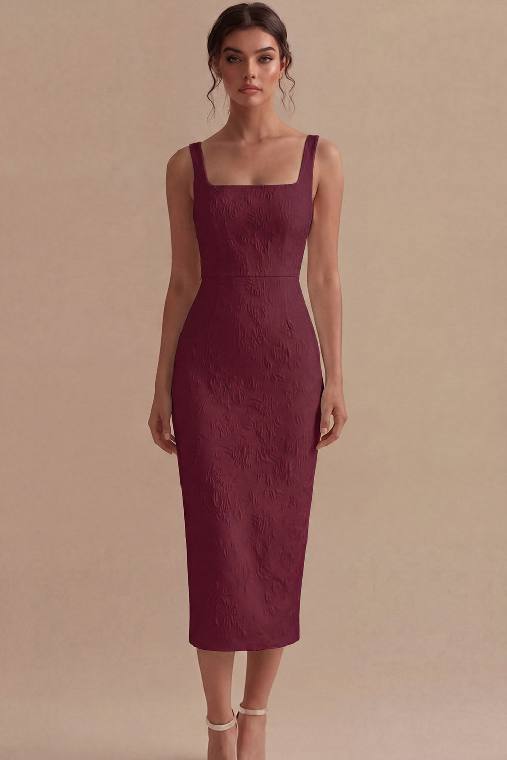 Jacquard Bodycon White Midi Engagement Dress with Slit