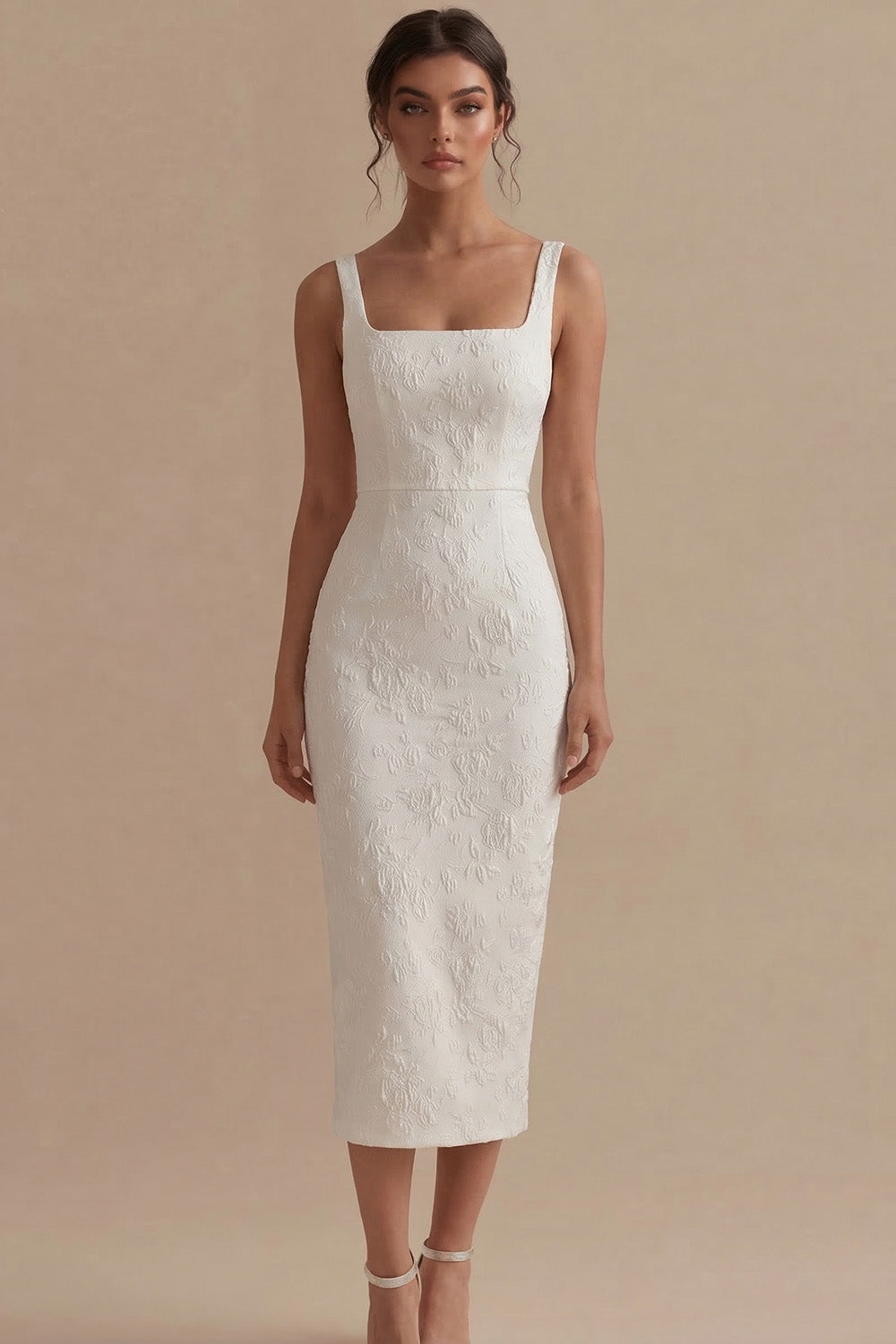 Jacquard Bodycon White Midi Engagement Dress with Slit