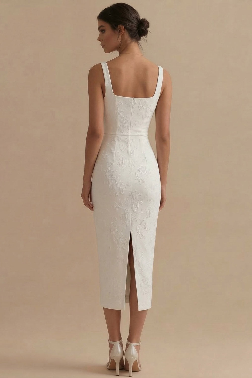 Jacquard Bodycon White Midi Engagement Dress with Slit