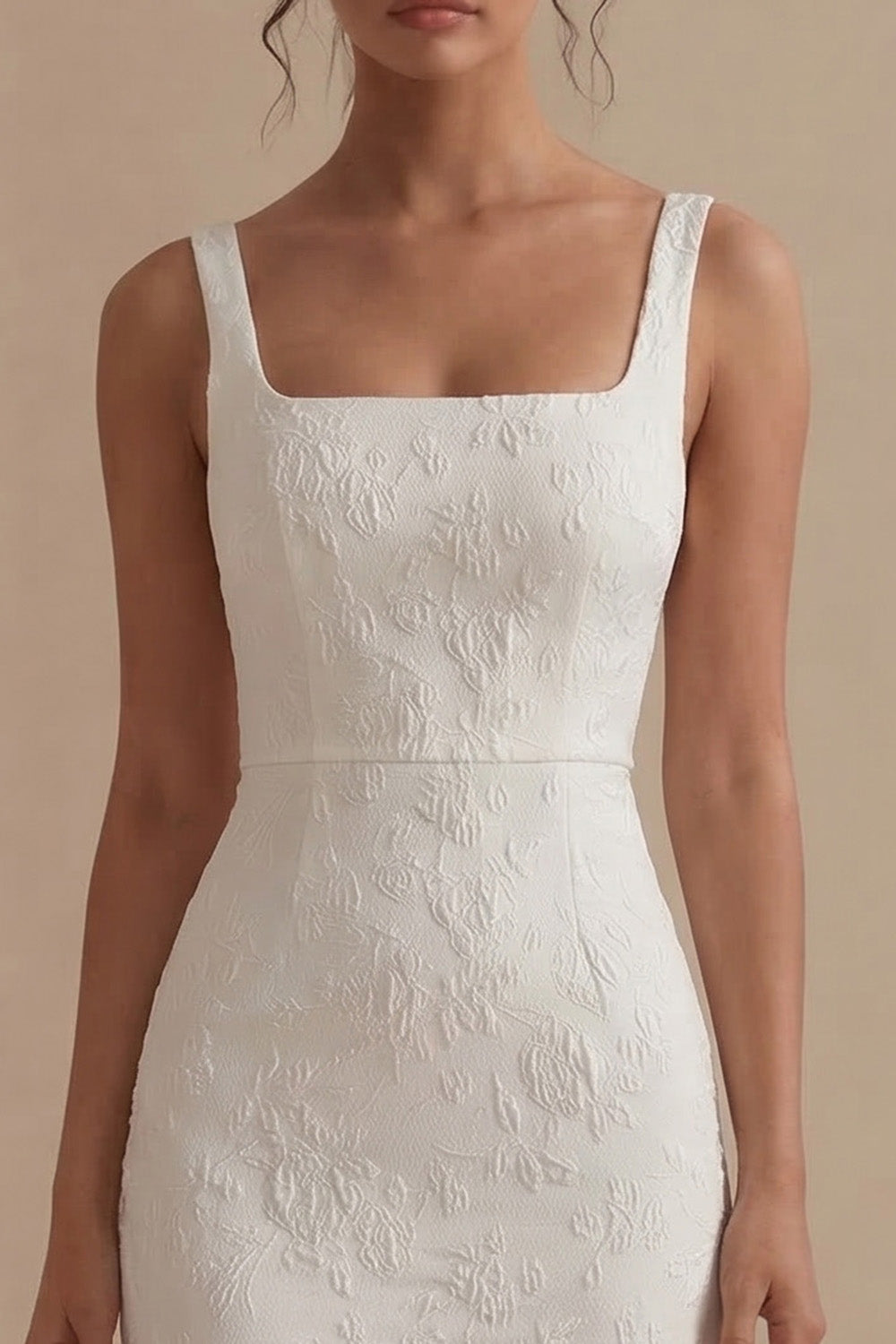 Jacquard Bodycon White Midi Engagement Dress with Slit