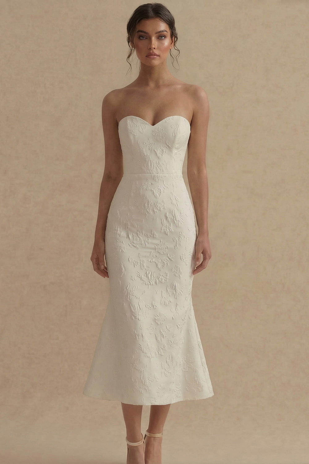 Jacquard Strapless Mermaid White Midi Engagement Dress